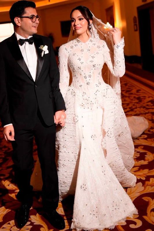 High Neck Long Sleeve Lace Wedding Dress with Overskirt