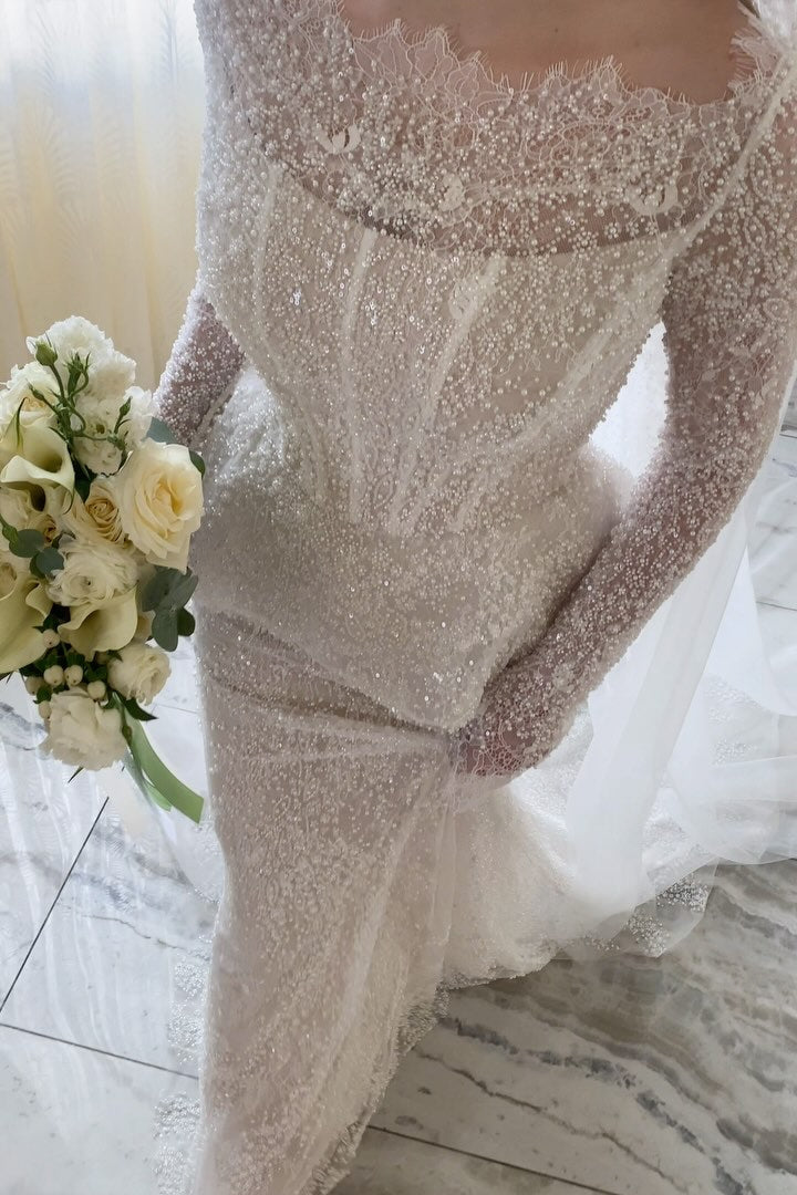 Off-the-Shoulder Pearl Beaded Corset Wedding Dress