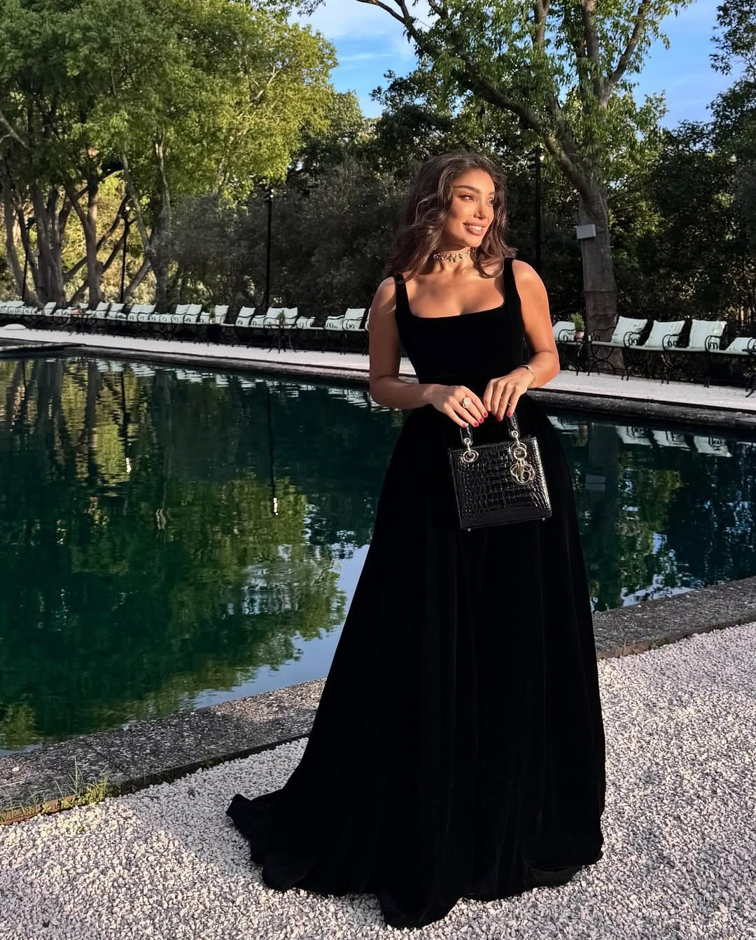 Square Neck Velvet Ball Gown Evening Dress
