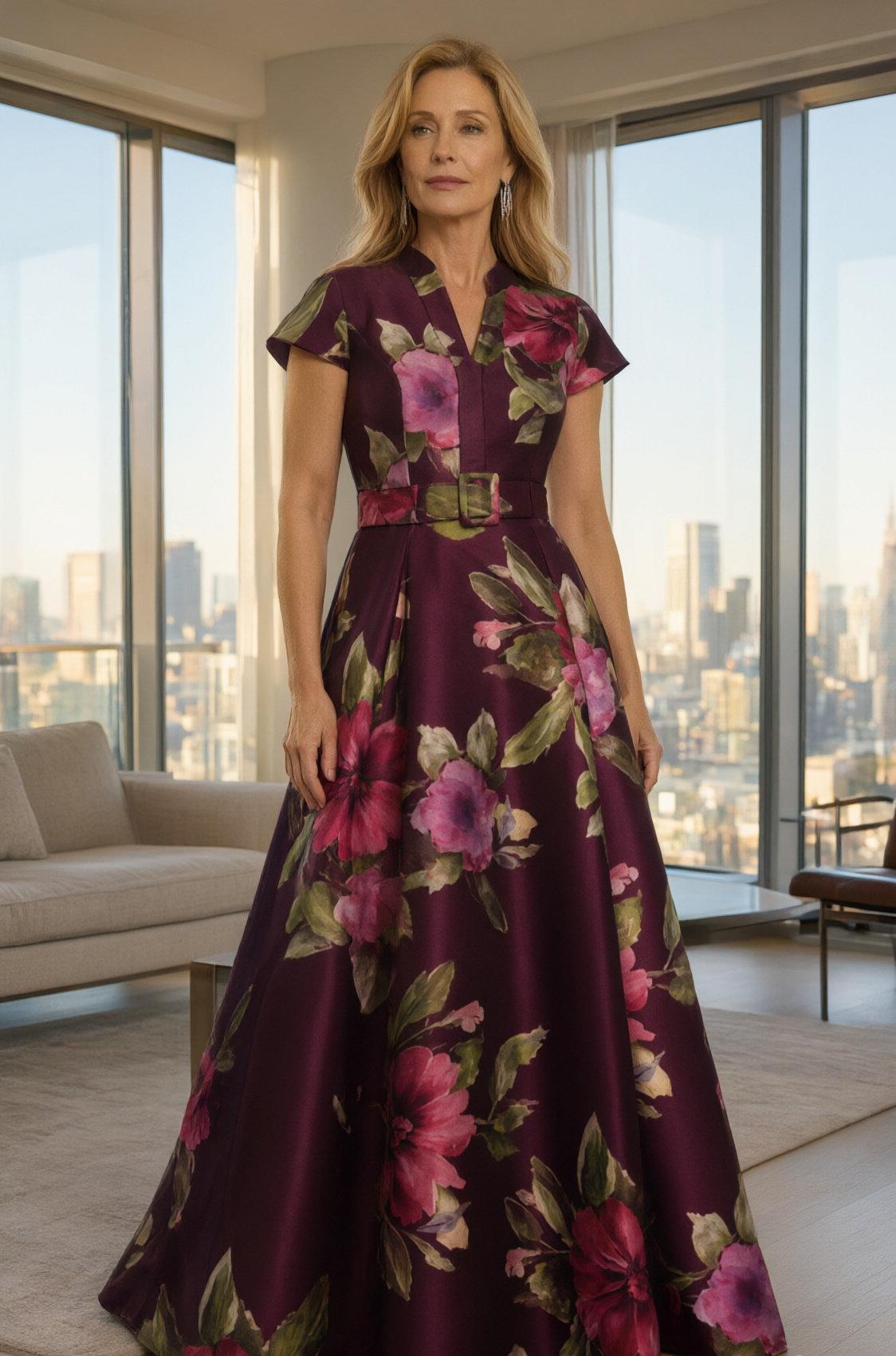 Floral Print A-Line Belted Evening Gown