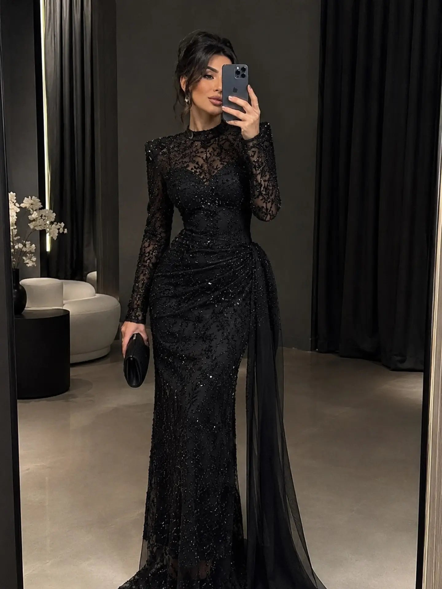 Beaded High Neck Evening Gown with Side Drape