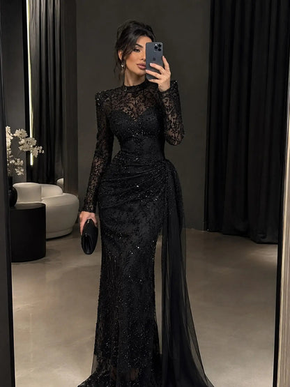 Beaded High Neck Evening Gown with Side Drape
