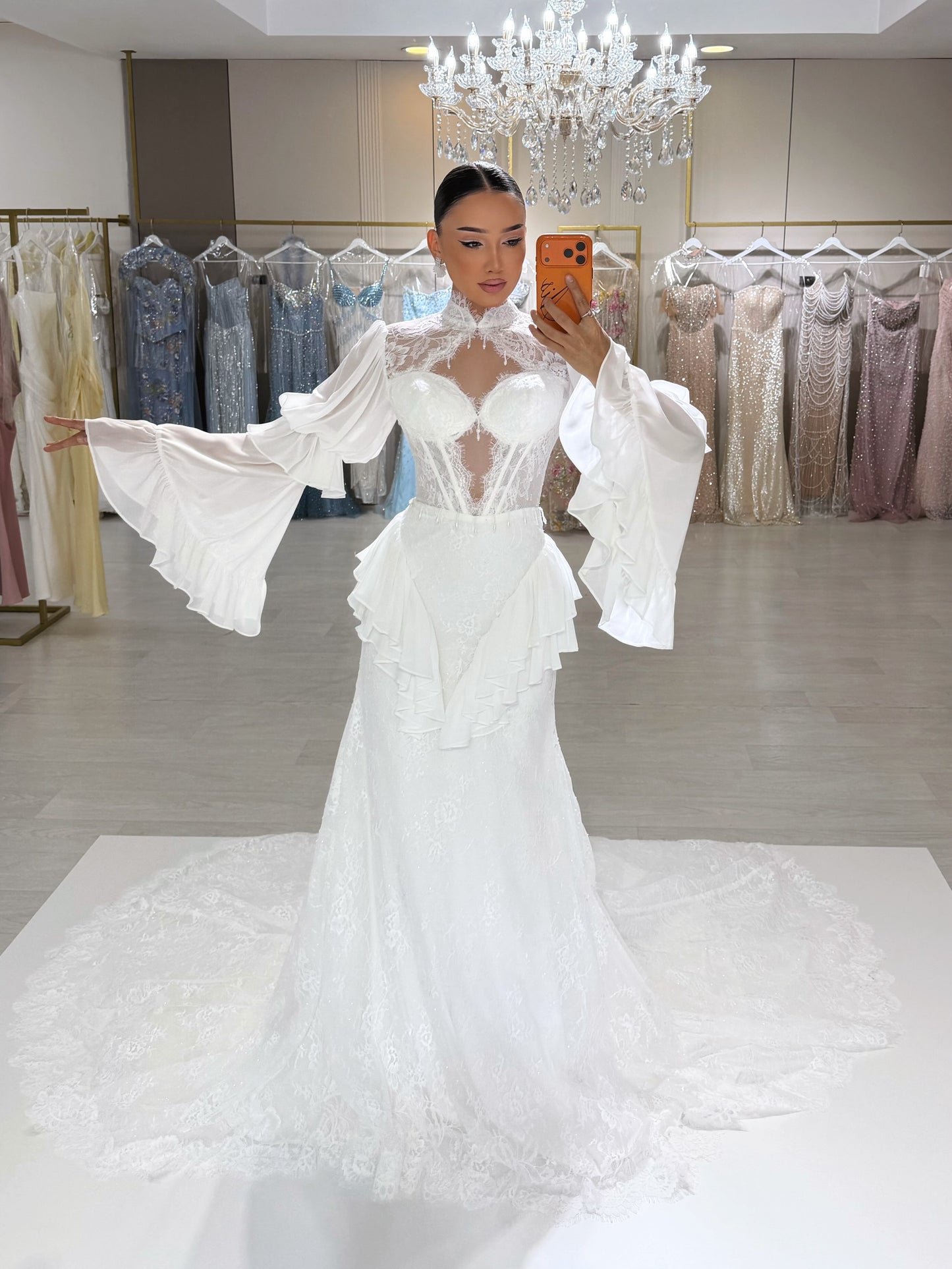 Corset Lace Wedding Dress with Bell Sleeves