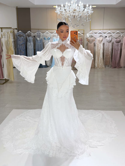 Corset Lace Wedding Dress with Bell Sleeves