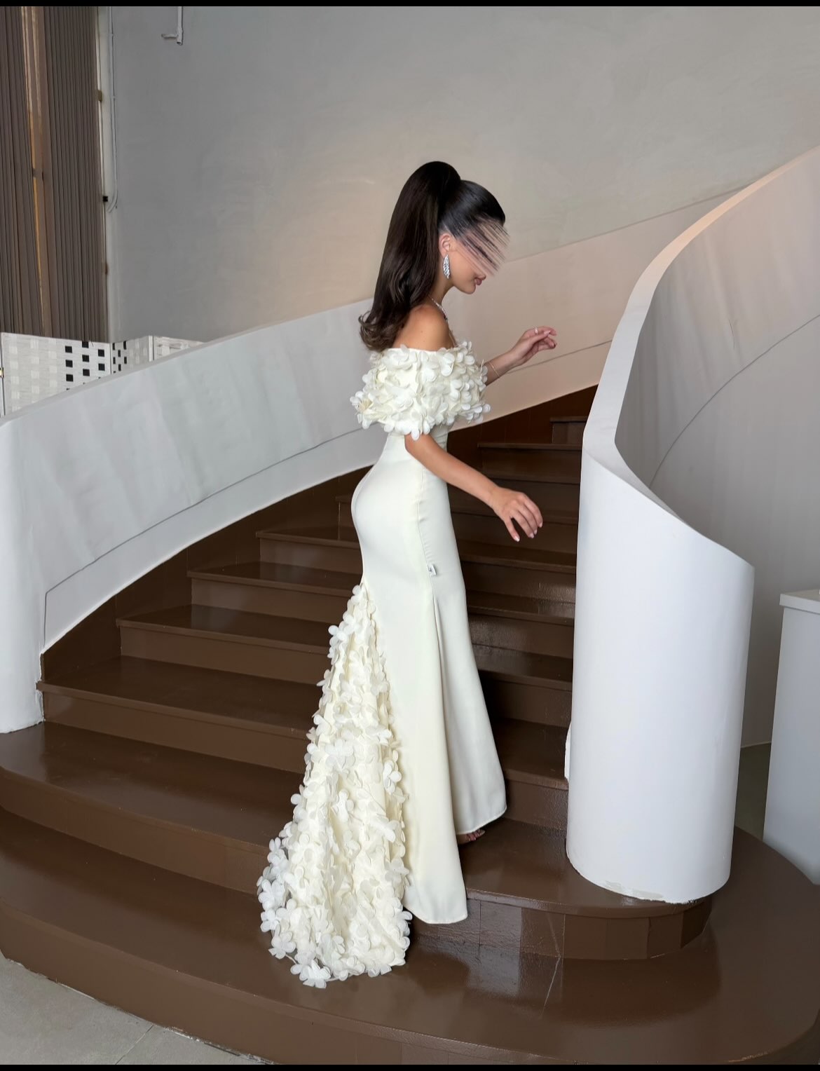 Off-the-Shoulder 3D Floral Crepe Evening Gown