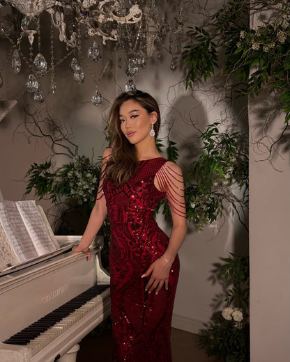 Backless Sequined Gown with Beaded Shoulder Drapes
