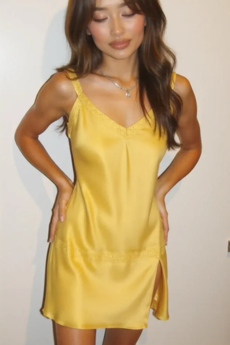 Lace-Trim Satin Slip Mini Dress with Open Back