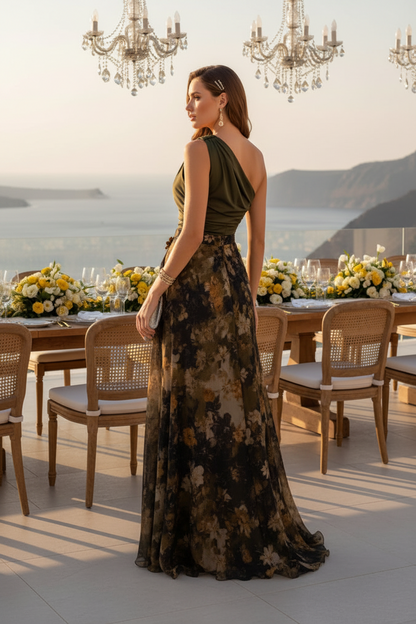 One-Shoulder Ruched Floral Slit Evening Gown