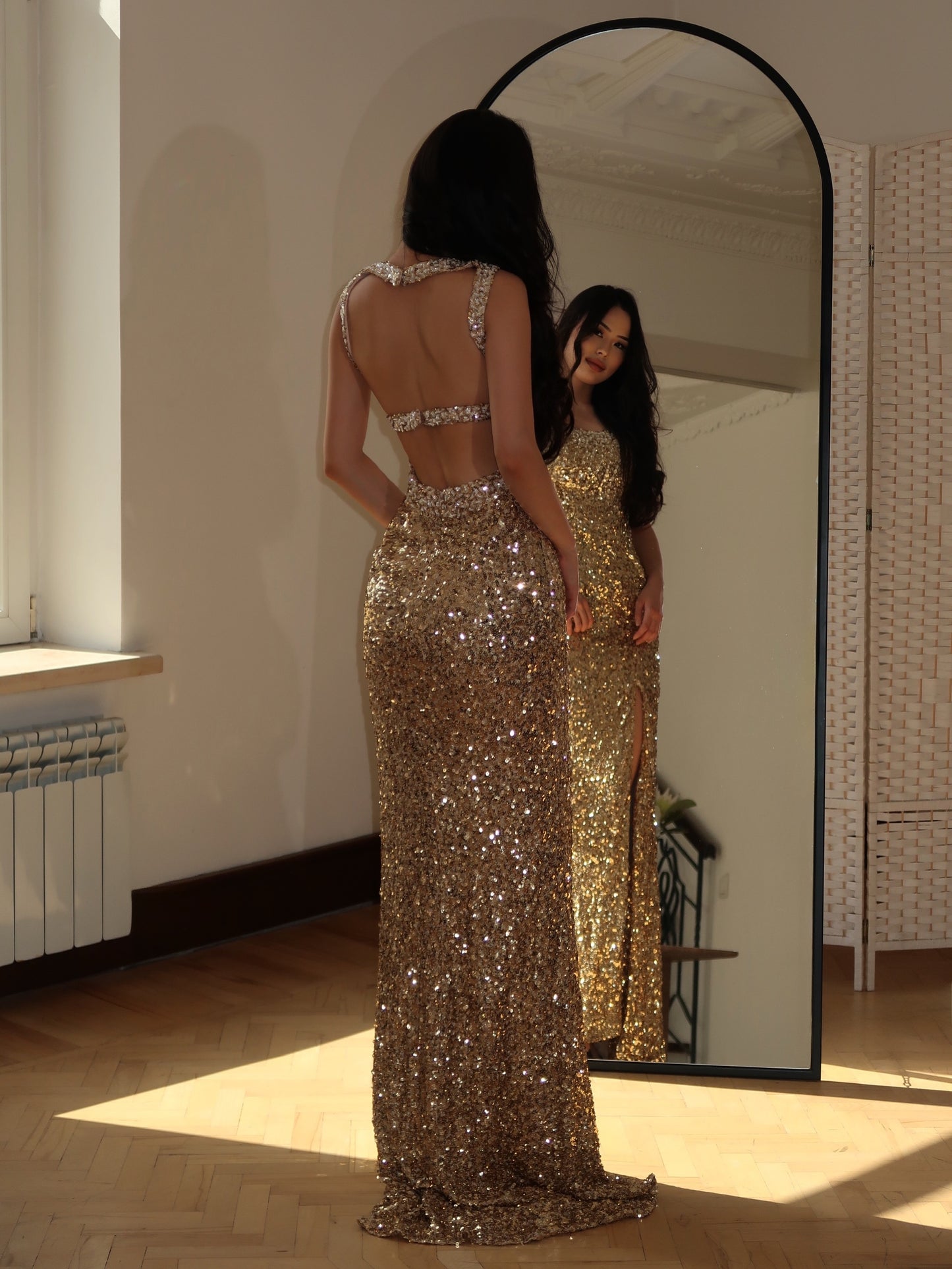 Backless Sequin Evening Gown with High Slit