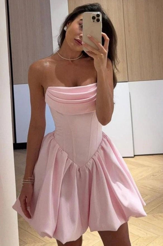 Strapless Pleated Corset Bubble Hem Mini Dress
