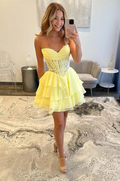 Strapless Sweetheart Corset Tiered Ruffle Mini Dress