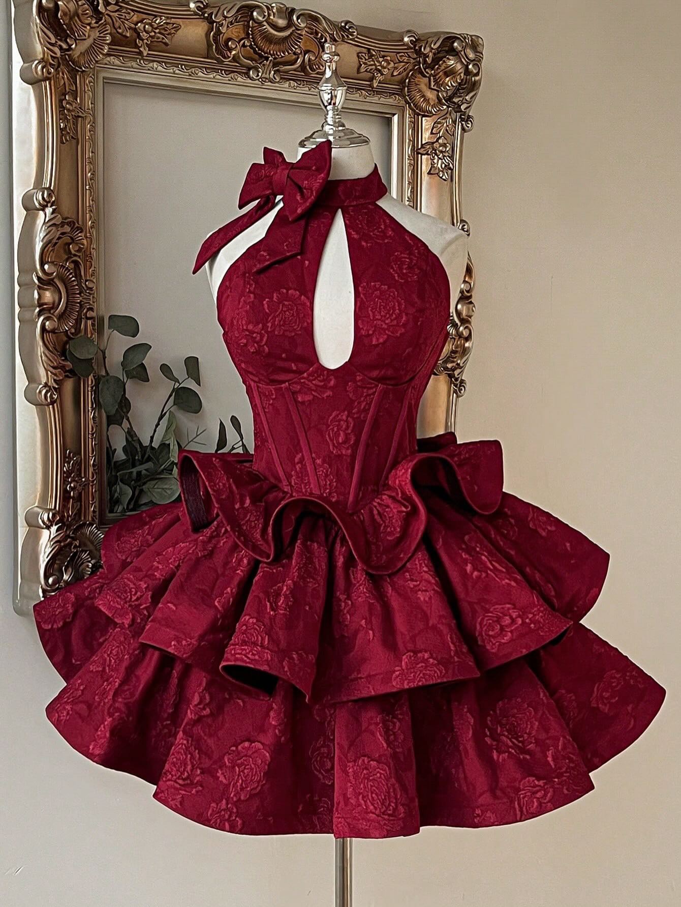Halter Corset Jacquard Mini Dress with Ruffled Skirt