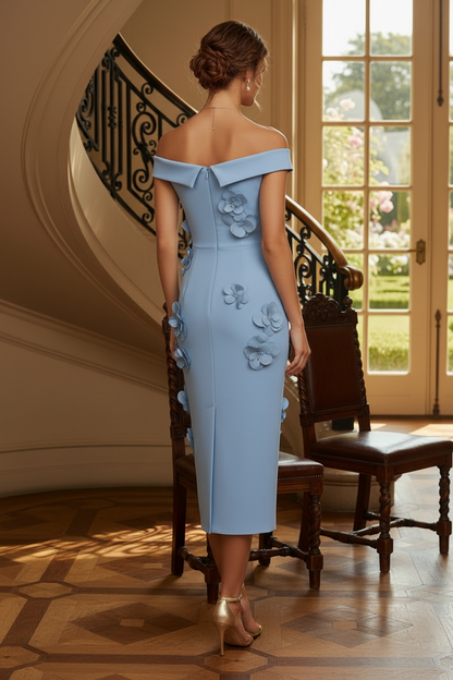 Off-the-Shoulder 3D Floral Midi Sheath Dress