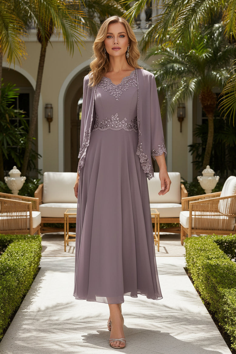 A-Line Ankle-Length Dress with Sequin Jacket