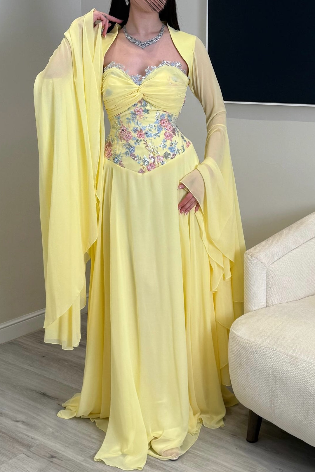 Embroidered Corset Gown with Bell Sleeve Shrug