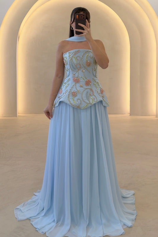 Strapless Floral Embroidered Peplum Chiffon Gown