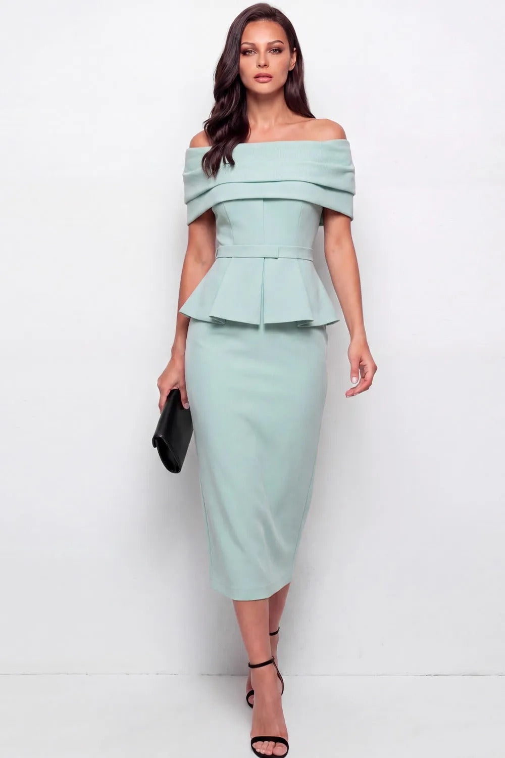 Off-the-Shoulder Peplum Midi Sheath Dress