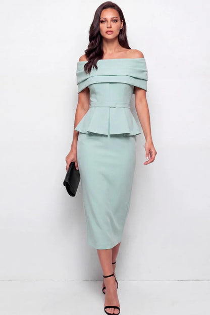 Off-the-Shoulder Peplum Midi Sheath Dress