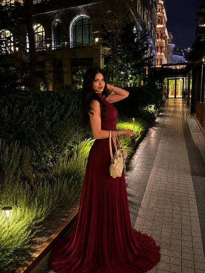 Pleated High Neck Sleeveless Floor-Length Evening Dress