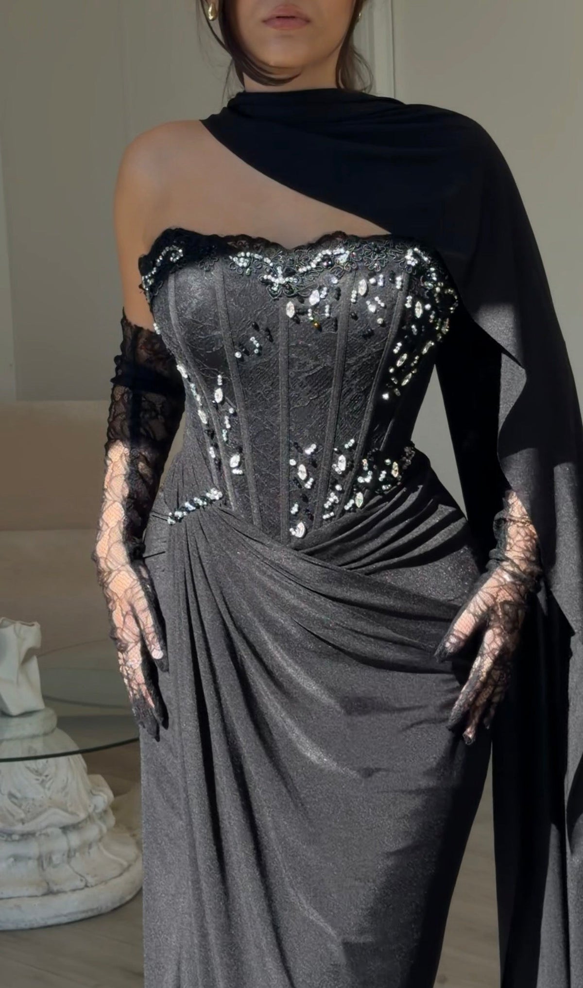 Corset Gown with Scarf Neckline and Gloves