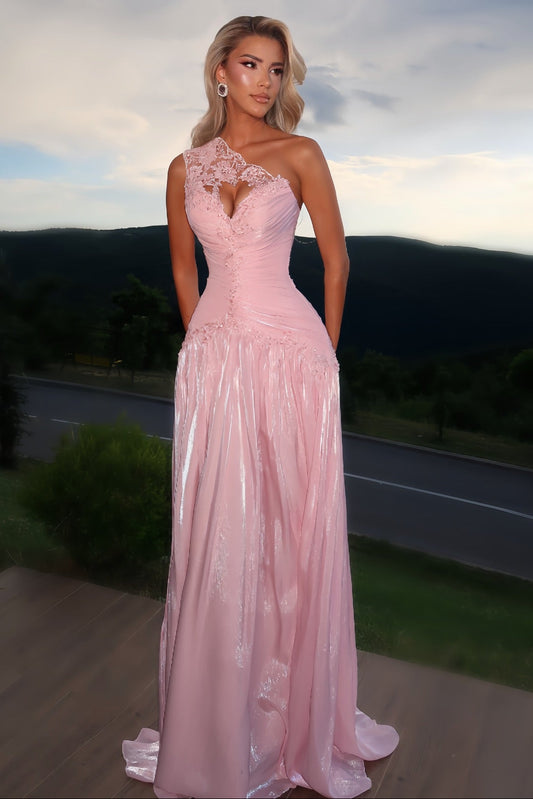 One-Shoulder Lace Keyhole Pleated Evening Gown