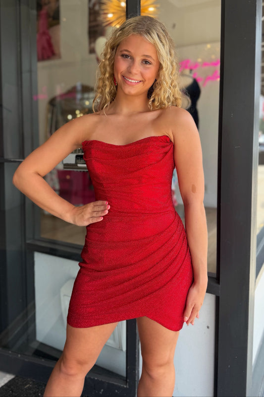 Strapless Glitter Bodycon Mini Dress with Side Ruching