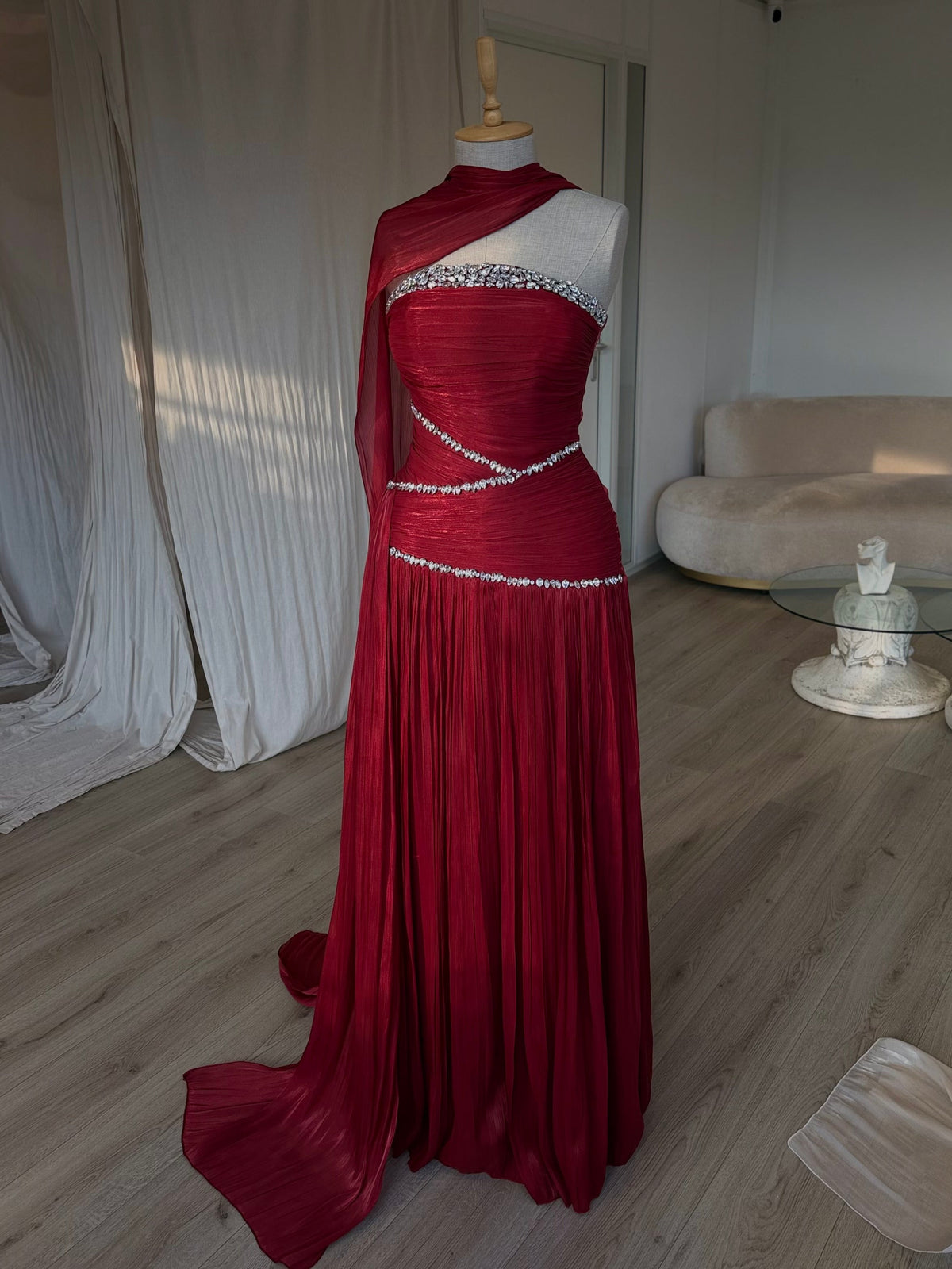 Ruched Column Gown with Draped Cape and Crystal Trim