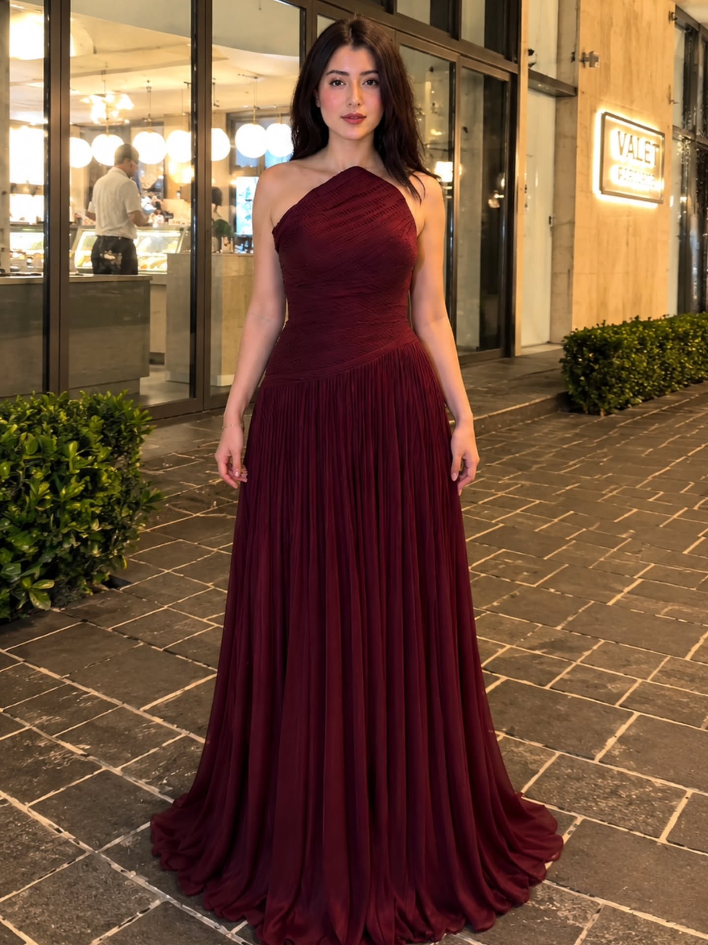 One-Shoulder Pleated Maxi Gown with Train