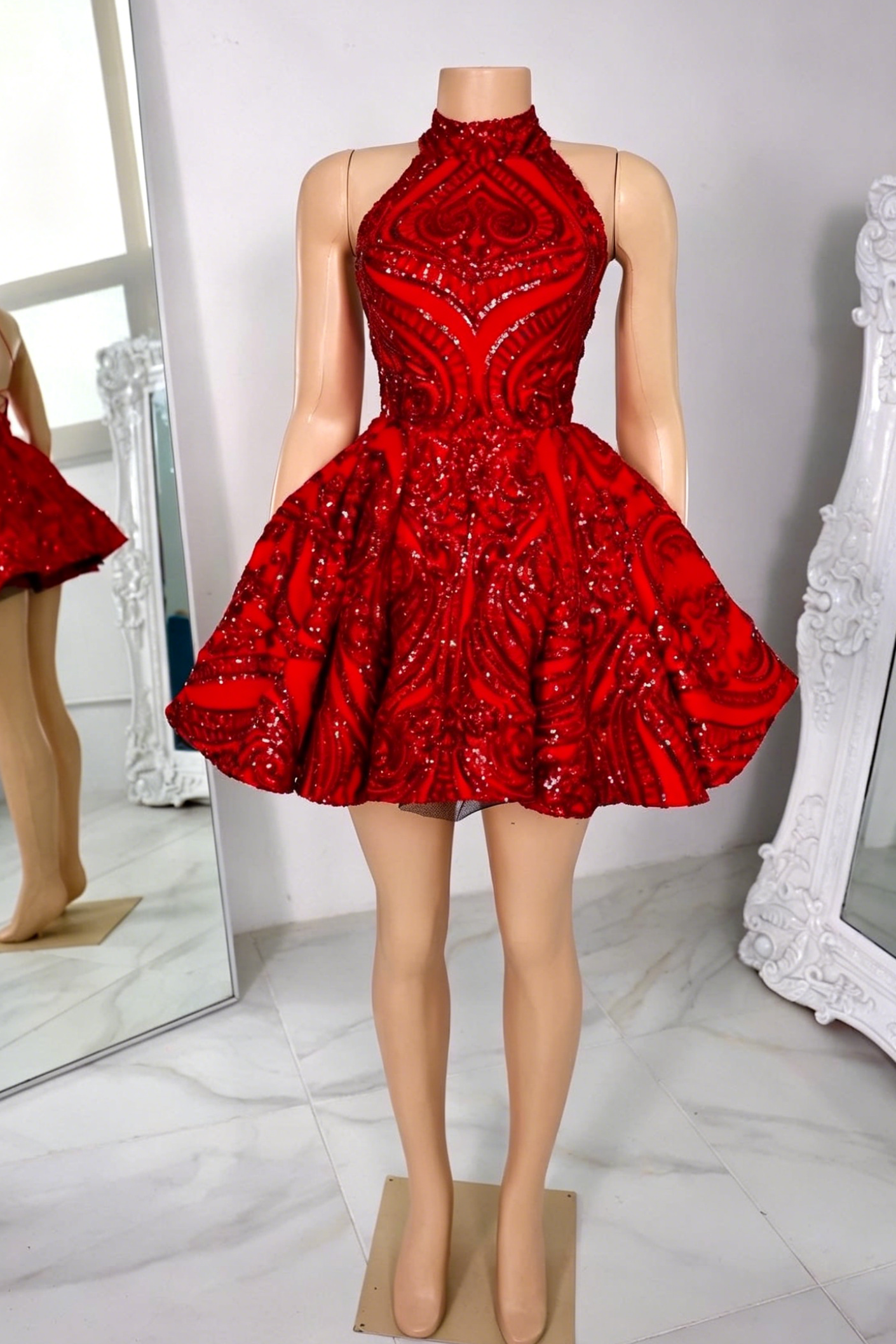 Halter Neck Open Back Sequined Mini Dress