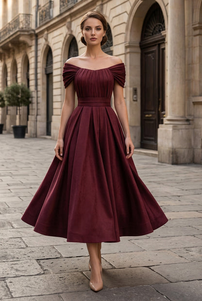Pleated Off-Shoulder Tea-Length A-Line Dress