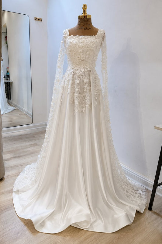 Square Neck A-Line Satin Wedding Dress with Cape Sleeves