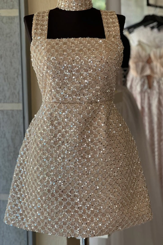 Beaded Sequin A-Line Mini Dress with Matching Choker