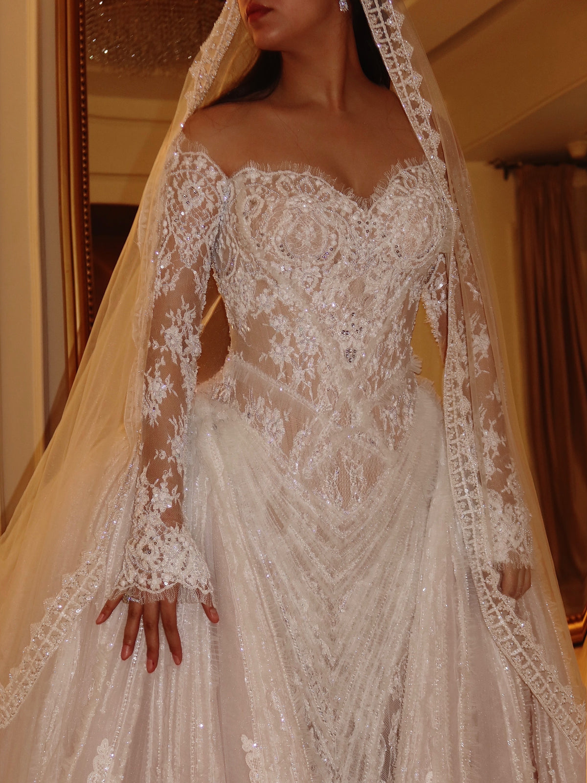Off-the-Shoulder Beaded Lace Ball Gown Wedding Dress