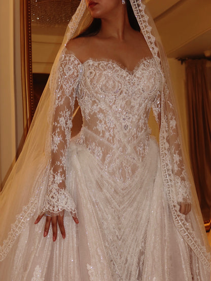 Off-the-Shoulder Beaded Lace Ball Gown Wedding Dress