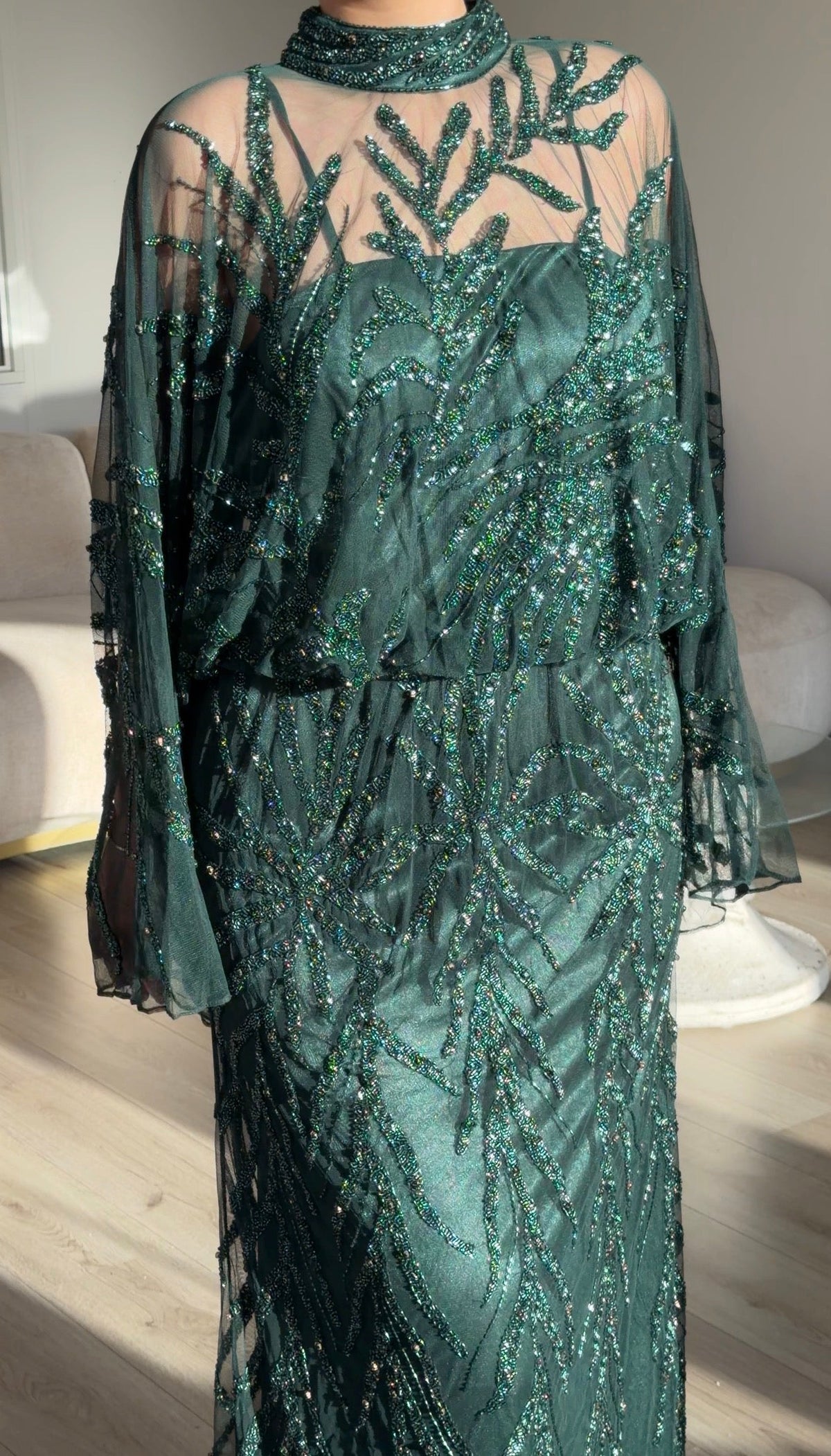 Sequined Cape Sleeve High Neck Maxi Evening Gown