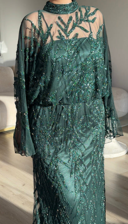 Sequined Cape Sleeve High Neck Maxi Evening Gown