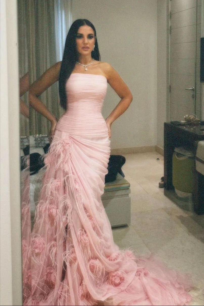 Strapless Feathered Ruched Evening Gown