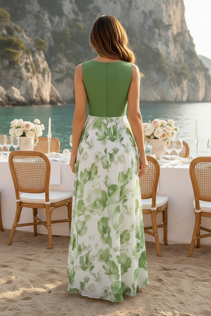 Sleeveless A-Line Maxi Dress with Floral Skirt