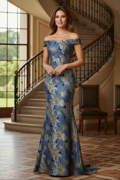 Off-the-Shoulder Floral Jacquard Mermaid Gown