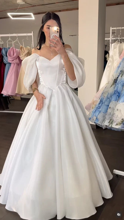 Off-the-Shoulder Satin Ball Gown Wedding Dress