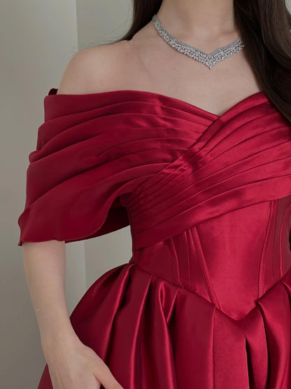 Off-the-Shoulder Corset Tea-Length Satin Dress