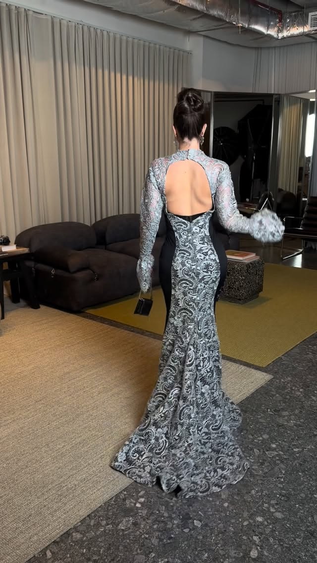 Open Back Mermaid Evening Gown with Bell Sleeves