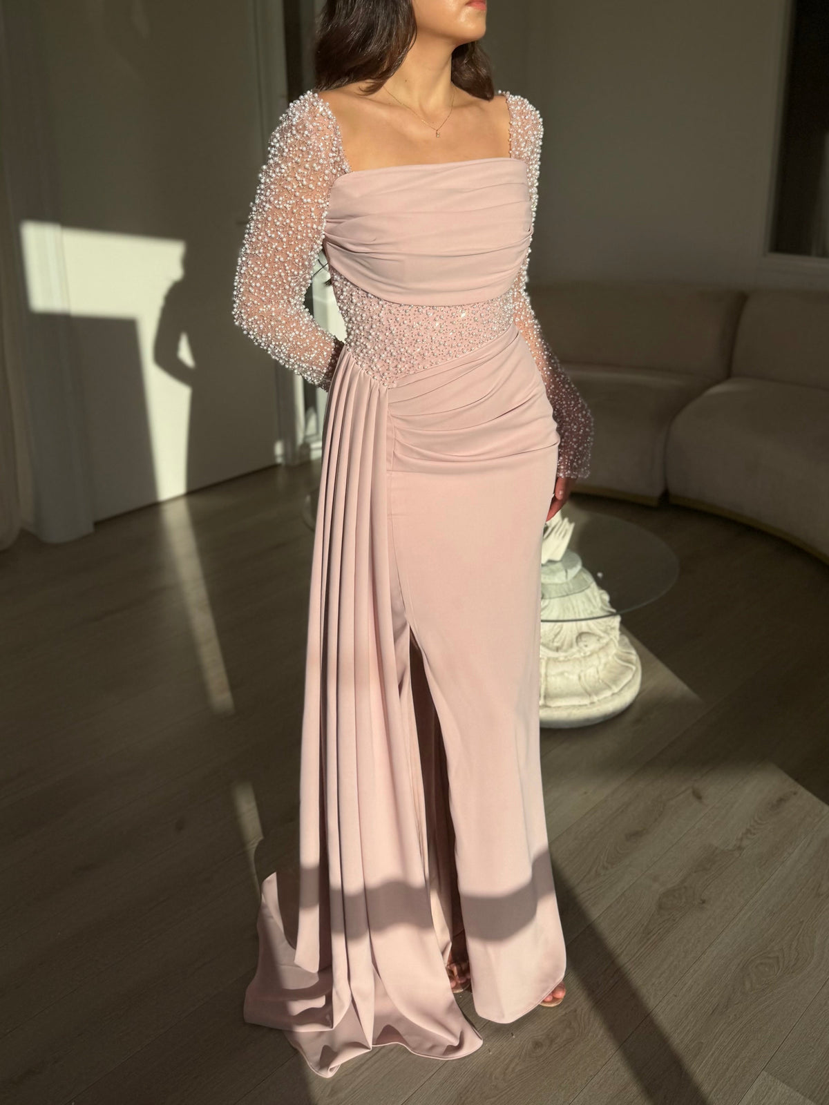 Square Neck Beaded Sleeve Gown with Side Drape