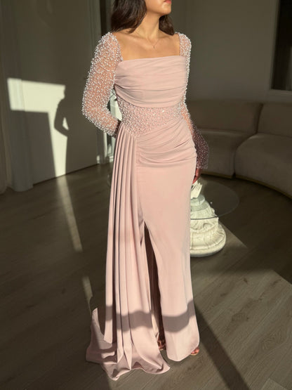 Square Neck Beaded Sleeve Gown with Side Drape