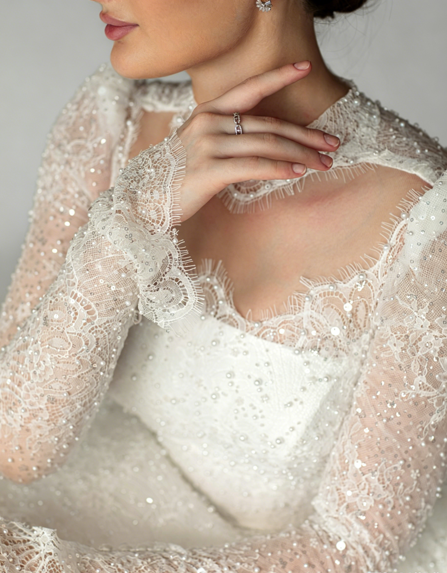 High-Neck Beaded Long Sleeve Ball Gown Wedding Dress