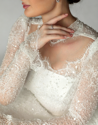 High-Neck Beaded Long Sleeve Ball Gown Wedding Dress