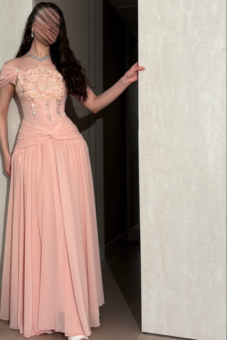 Off-Shoulder Beaded Applique Chiffon Evening Gown