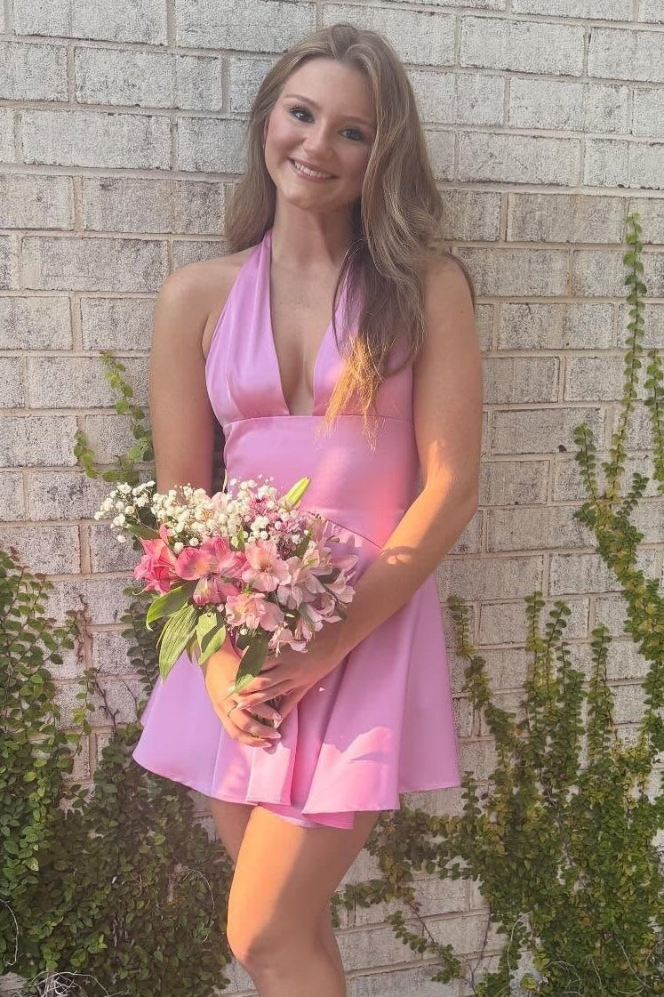 Plunging Halter Satin A-Line Mini Dress