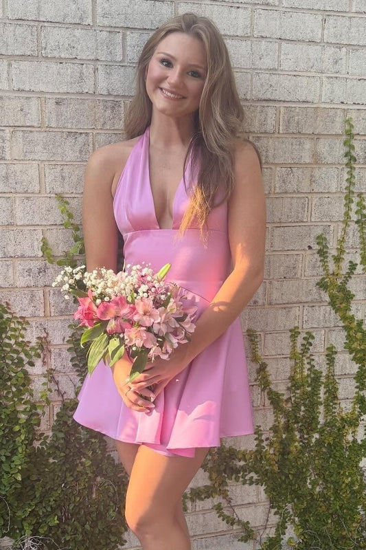 Plunging Halter Satin A-Line Mini Dress