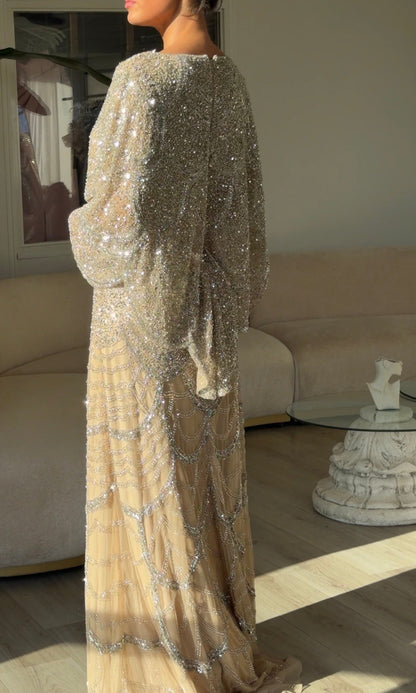 Beaded Cape Sleeve Floor-Length Evening Gown